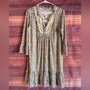 Lady Noiz Floral Boho Shift Dress Blue Yellow Lace Trim Ruffle Hem EMCA059 L